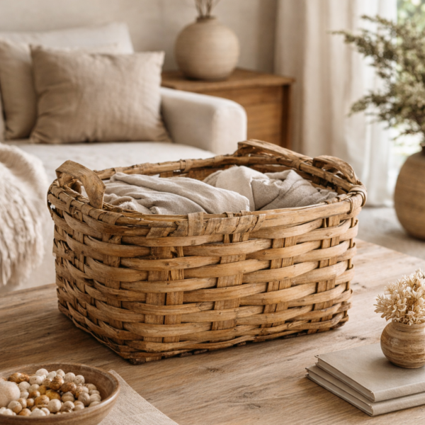 Cesto de castaño trenzado del siglo XIX · artesanía rural auténtica