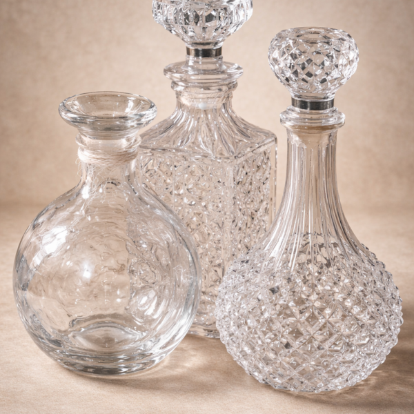 CONJUNTO DE TRES BOTELLAS DE CRISTAL TALLADO · DECANTADORES VINTAGE