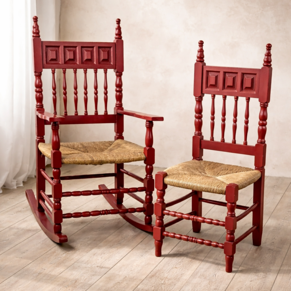 Juego artesanal de 4 sillas y 2 mecedoras de madera con asiento de anea · El Casar de Cáceres · ca. 1968