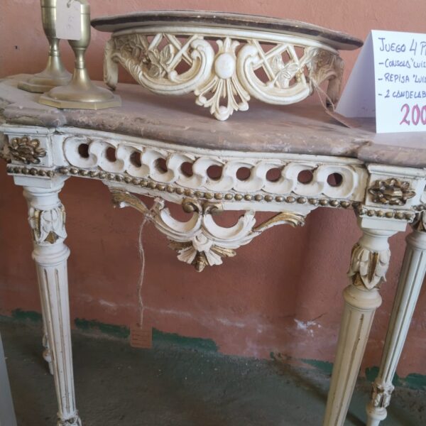 Conjunto consola Luis XVI con mármol, repisa y candelabros