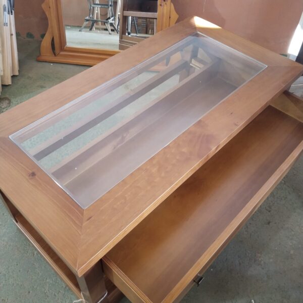 Mesa de centro rectangular de madera con cristal y cajón de almacenaje