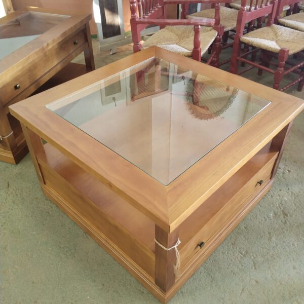 Mesa de centro cuadrada de madera con cristal y cajón de almacenaje