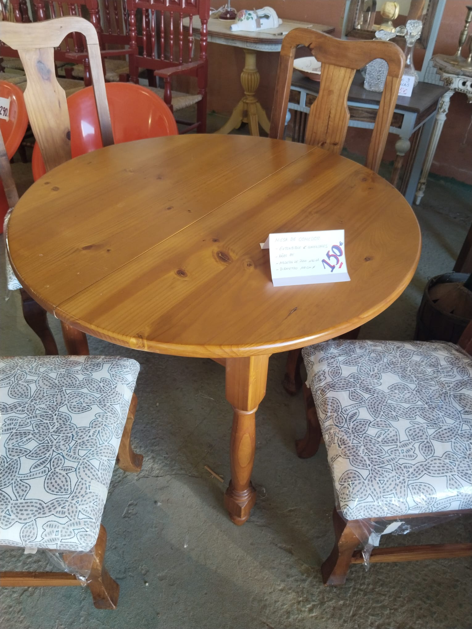 Mesa de comedor redonda extensible de madera de pino macizo para 6 comensales